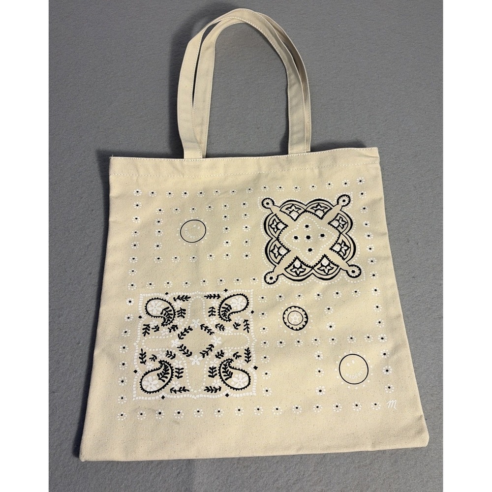 NWOT Madewell Canvas Tote Bag Off White Black Bandanna Print Reusable Shopper